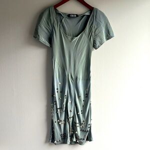 Vena Cava vintage blue green silk shortsleeve midi with beads + traingles